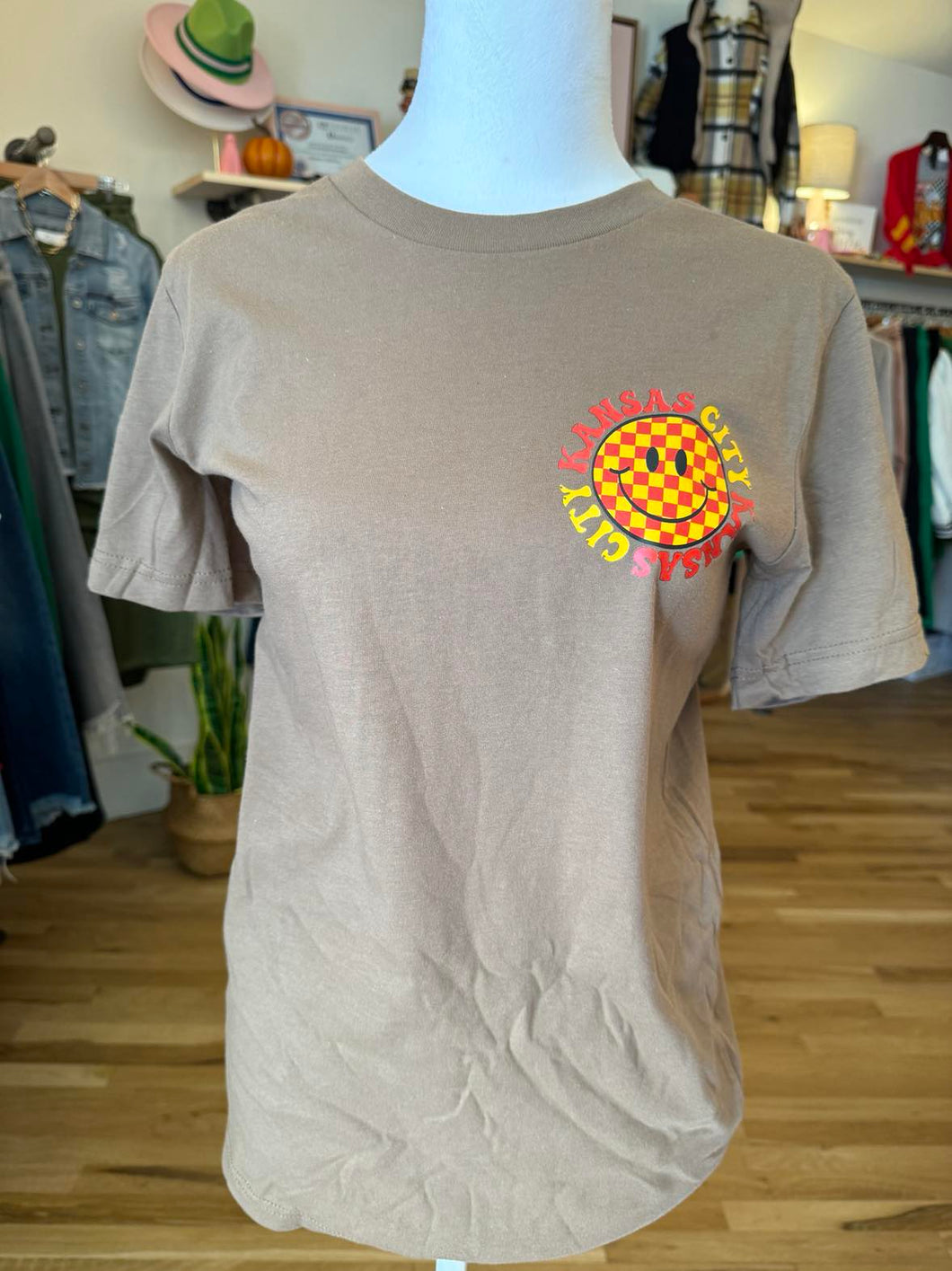 Red & Yellow KC Smiley Face Vintage Brown Tee