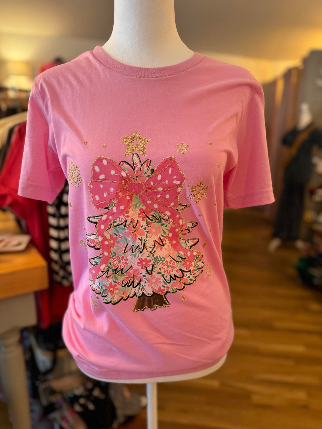 Pink Christmas Tree w/ Bow Tee