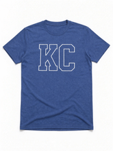 Load image into Gallery viewer, White Outlined KC Letters on Blue T-Shirt
