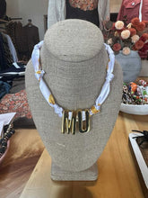 Load image into Gallery viewer, Yellow &amp; White Scarf Necklace w/ Gold MU Letter Charms
