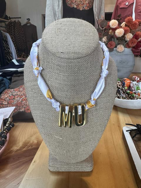 Yellow & White Scarf Necklace w/ Gold MU Letter Charms