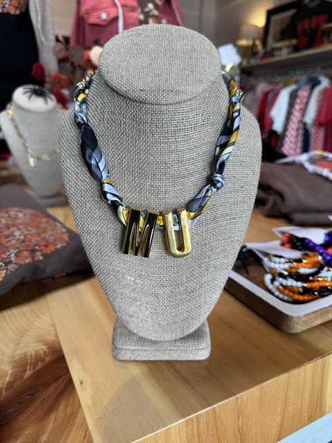 Yellow & Black Scarf Necklace w/ Gold MU Letters