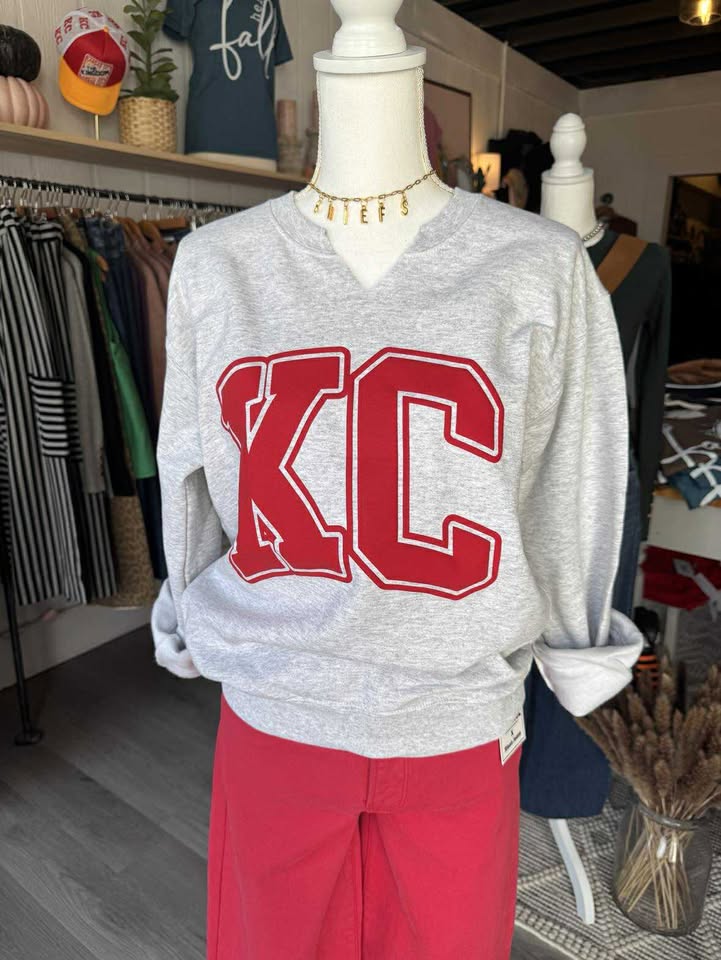 Red KC on Gray Sweatshirt w V-Cut Neck