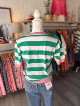Load image into Gallery viewer, Green &amp; White Stripe Sweater w/ Pink Stripe Details
