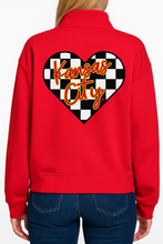Load image into Gallery viewer, Red Half-Zip Pullover w/ B&amp;W Checker Kansas City Heart
