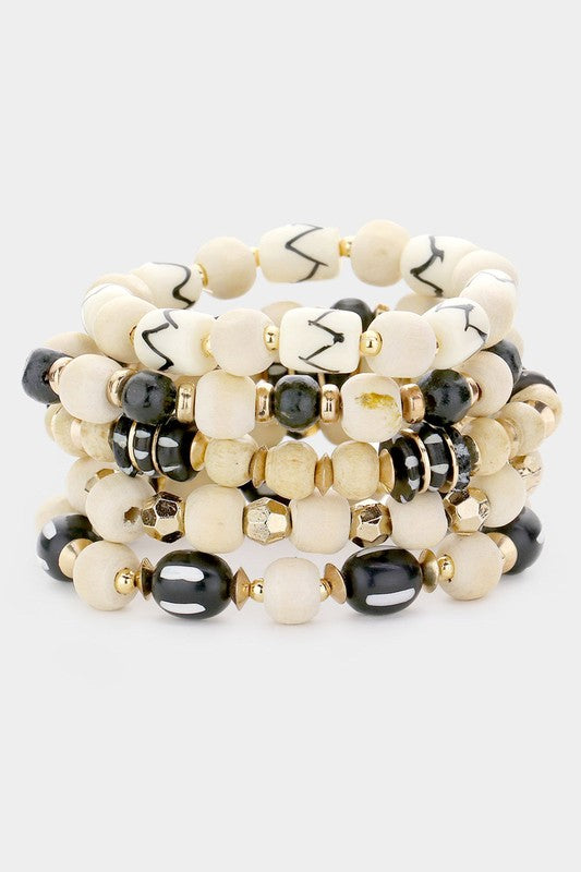 Off White & Black Wood Bead Bracelet Set