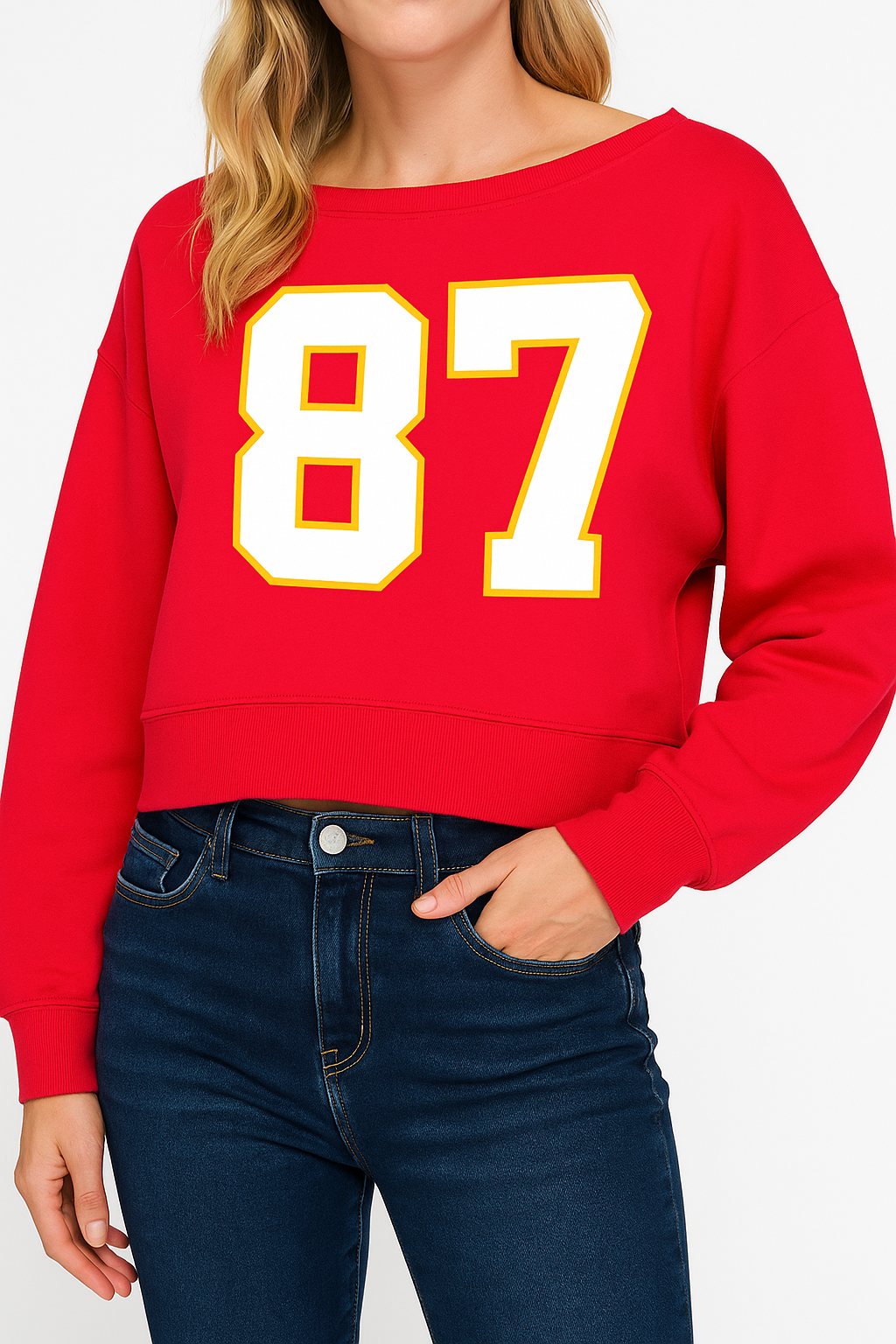 Red 87 Off-Shoulder Crop Sweatshirt