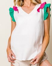 Load image into Gallery viewer, White, Fuchsia, &amp; Jade V-Neck
