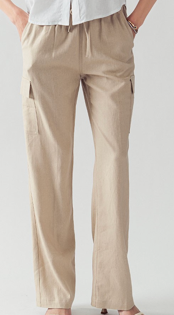 Khaki Linen Cargo Pants