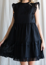 Load image into Gallery viewer, Black Textured-Check Ruffled Shoulder Dress
