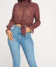 Load image into Gallery viewer, Brown &amp; White Polka Dot Puff Sleeve Top
