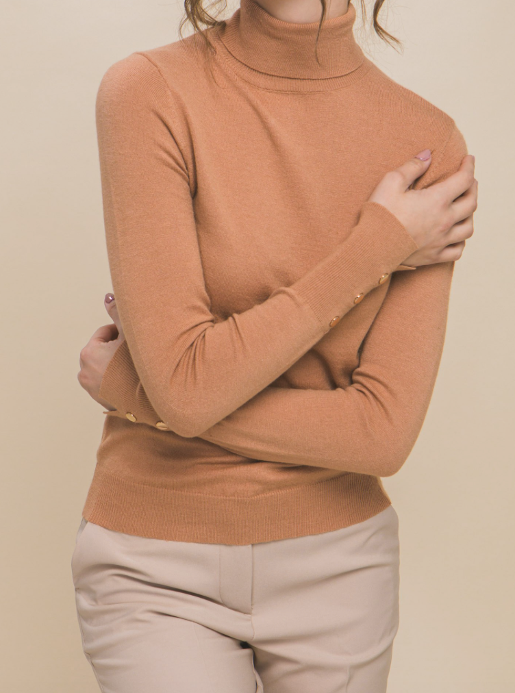 Camel Long Sleeve Turtle Neck w/ Sleeve Gold Button Detail