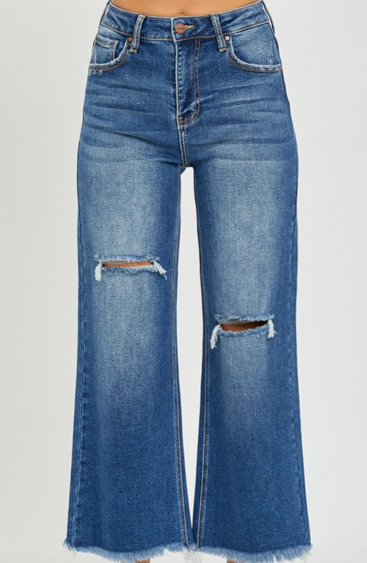 High Rise Frayed Ankle Wide Jeans