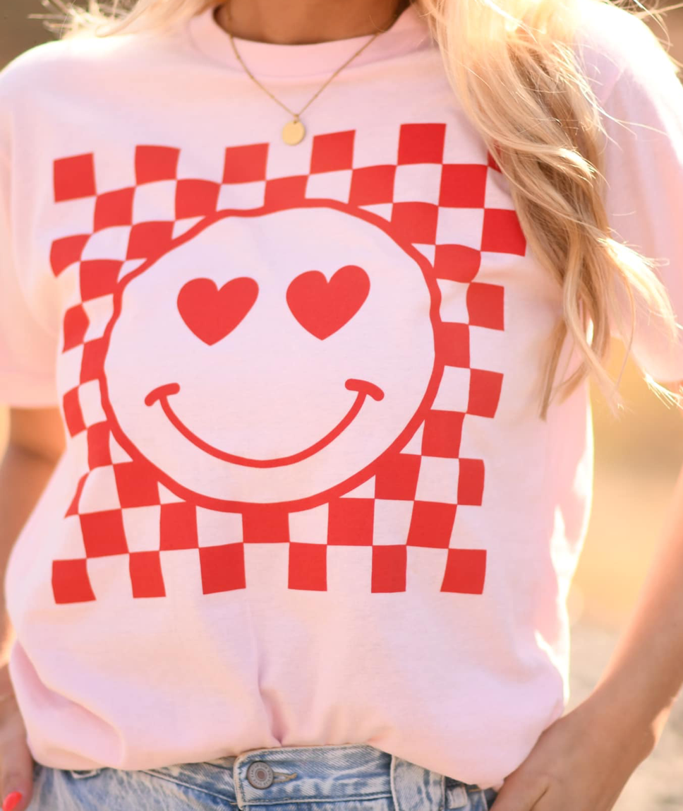 Pink Checkered Heart Eyes Smiley Face Tee