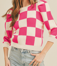 Load image into Gallery viewer, Pink Checkered Puff Sleeve Sweater

