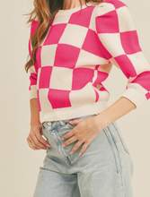 Load image into Gallery viewer, Pink Checkered Puff Sleeve Sweater
