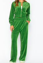 Load image into Gallery viewer, Green Velour Bomber Jacket &amp; Wide Leg Pants Set

