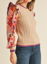 Load image into Gallery viewer, Taupe Sweater w/ Floral Blouse Sleeves
