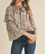 Load image into Gallery viewer, Gray Floral Tie Neck Blouse
