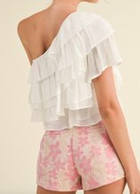 Load image into Gallery viewer, White Tiered Ruffle One-Shoulder Top
