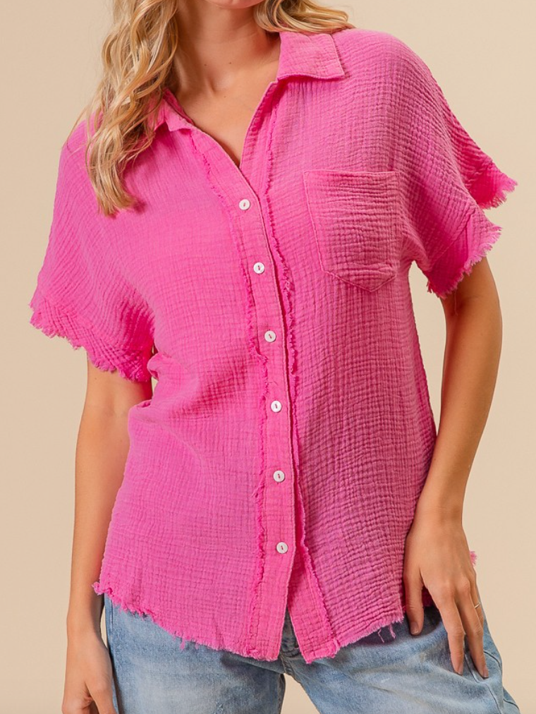 Pink Frayed Hem Button Up Shirt