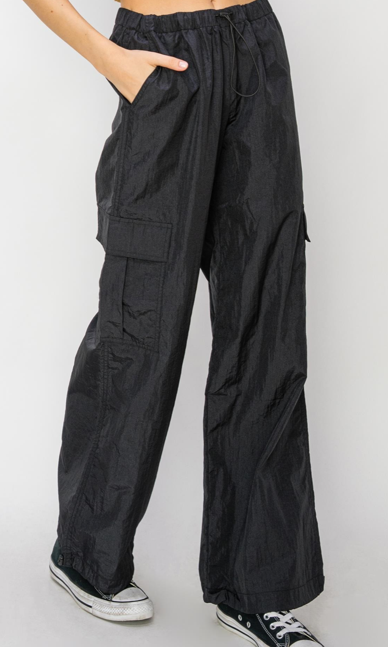 Black Low Rise Cargo Parachute Pants