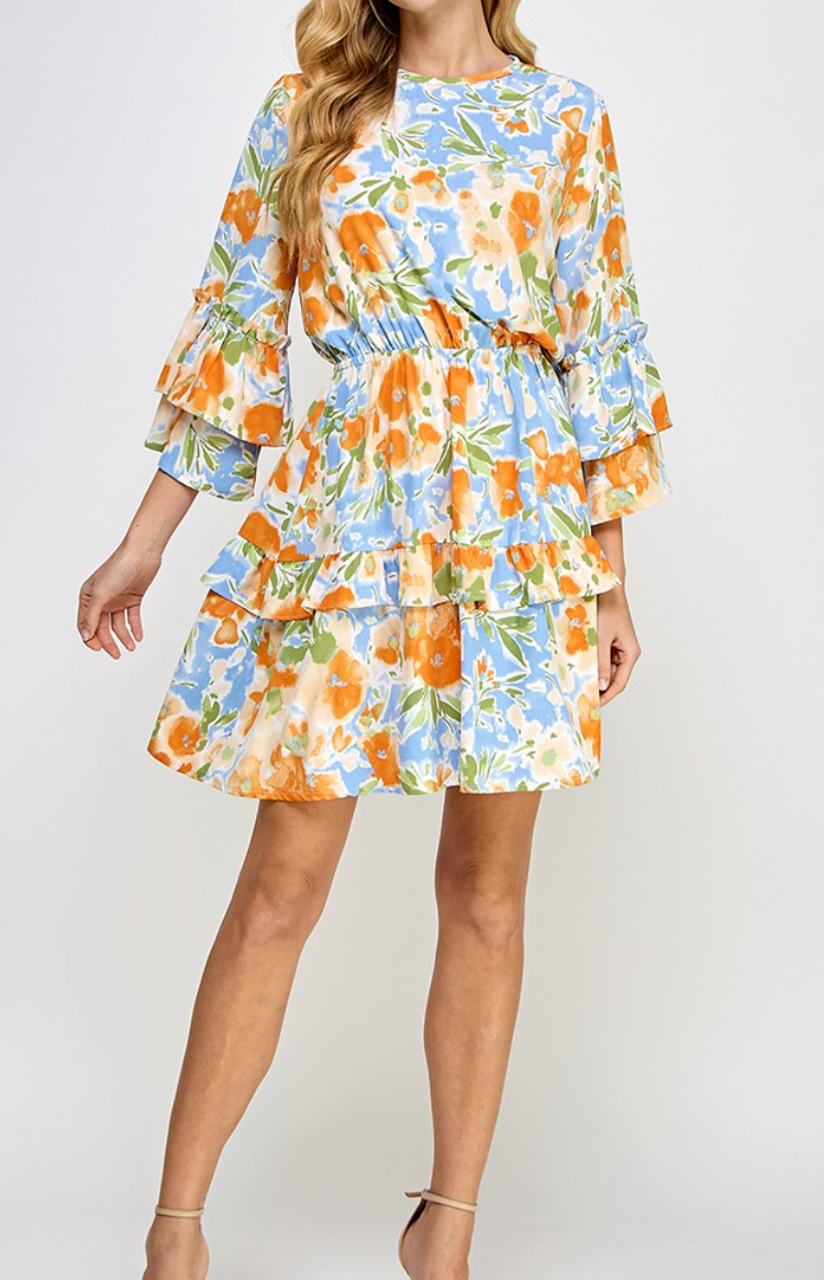 Blue  & Orange Floral Ruffle Dress