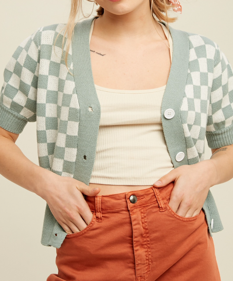 Sage & White Checker Short Sleeve Cardigan