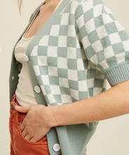 Load image into Gallery viewer, Sage &amp; White Checker Short Sleeve Cardigan
