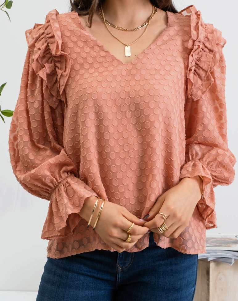 Light Sienna 3/4 Sleeve Dotted & Ruffle Blouse