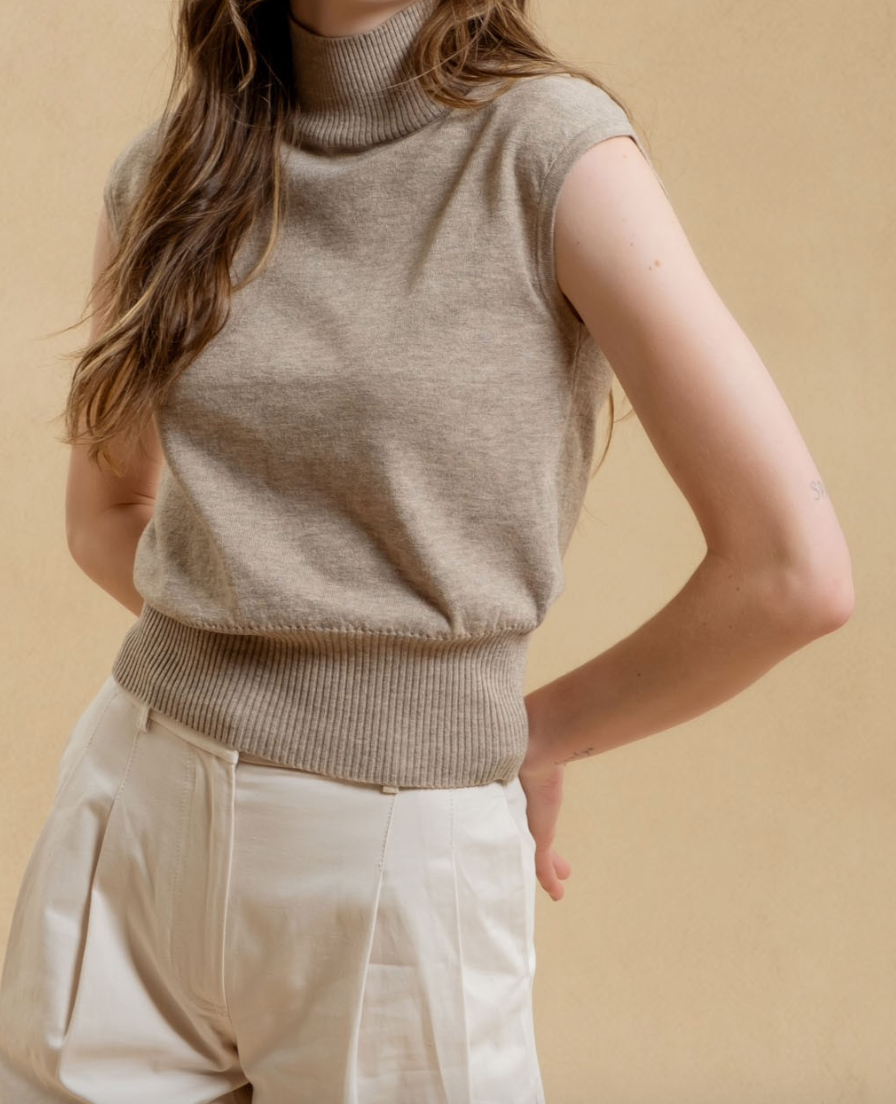 Light Mocha High Neck Cap Sleeve Sweater