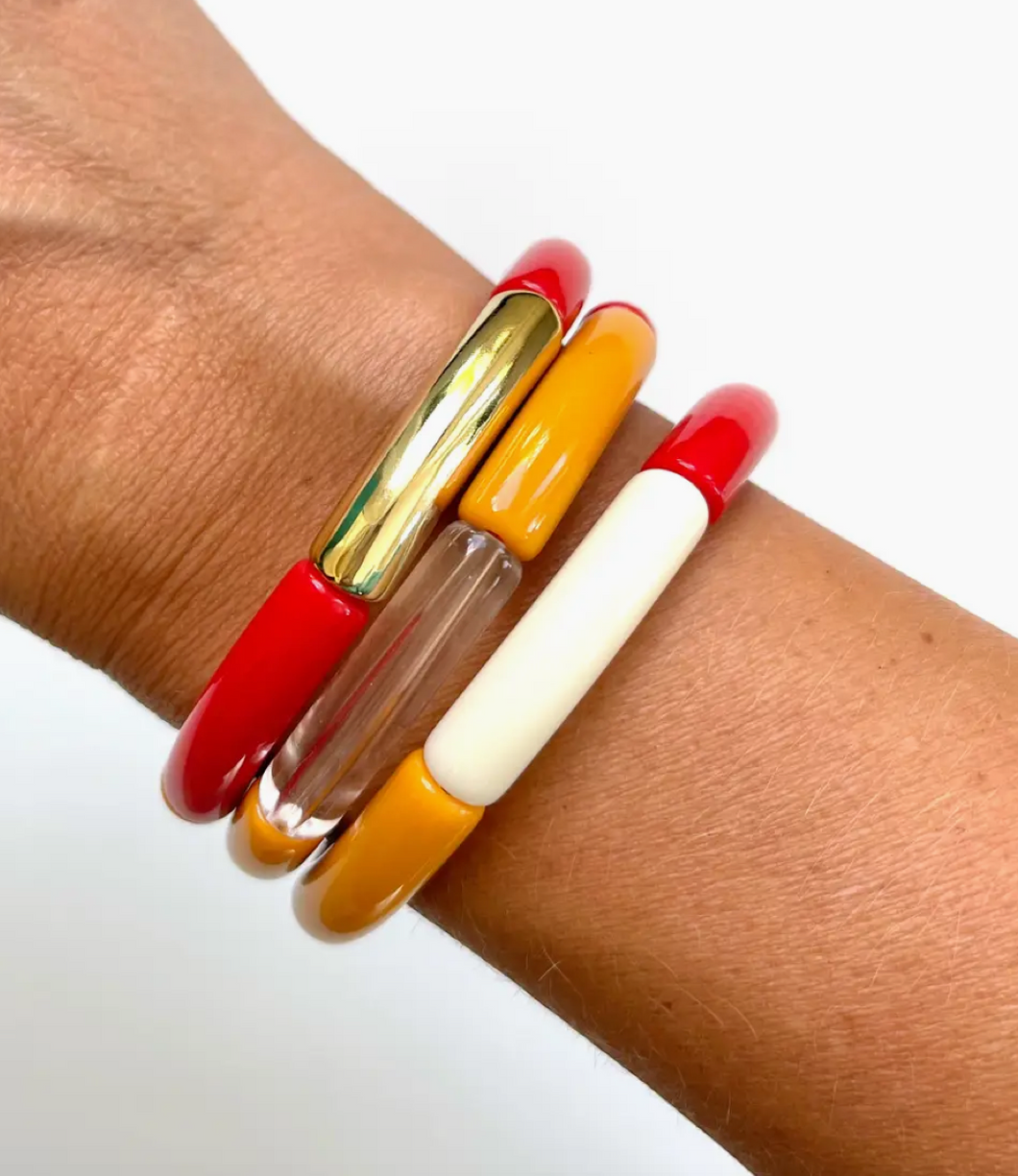 Red, Yellow, White, & Gold Bracelet Stack