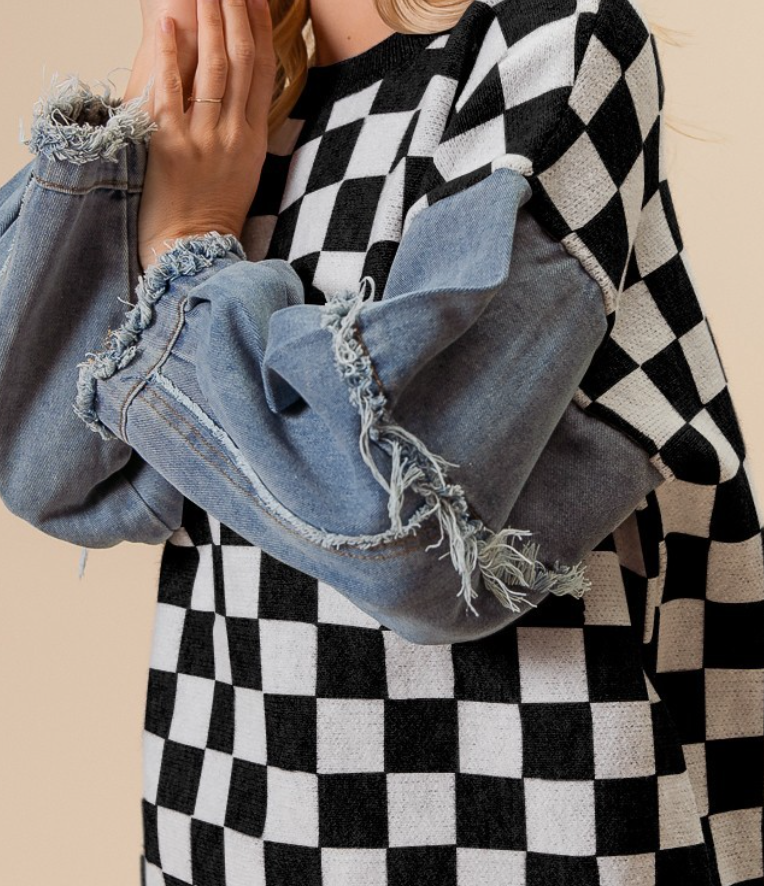 Black & White Checker Sweater w/ Denim Sleeves