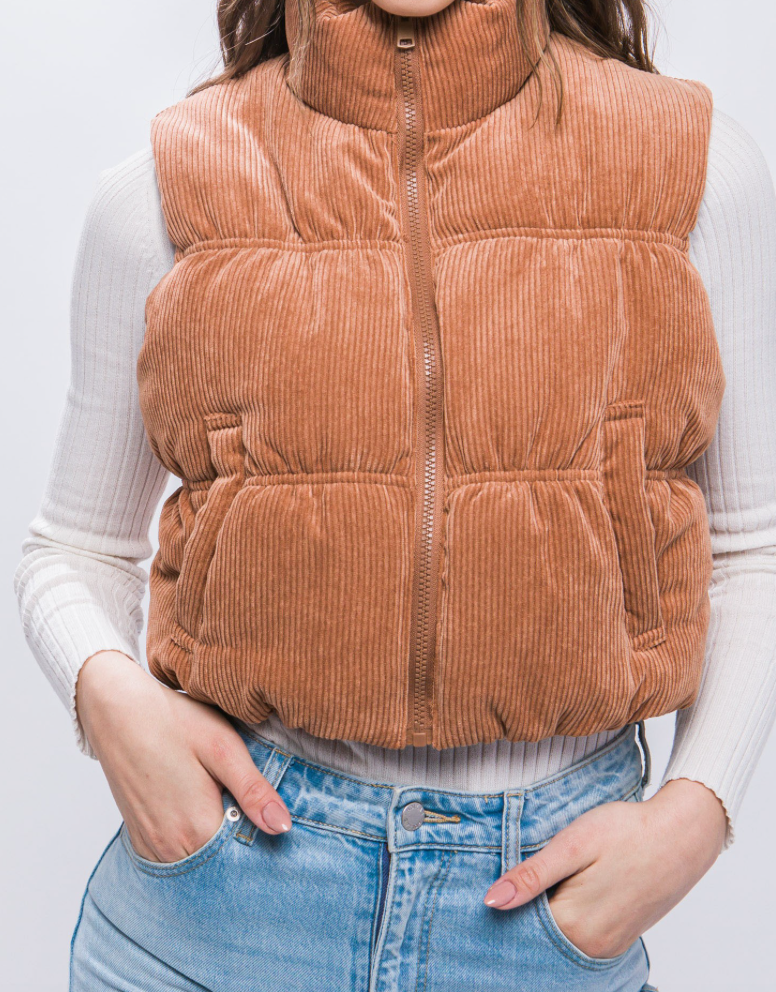 Camel Corduroy Zip Up Puffer Vest