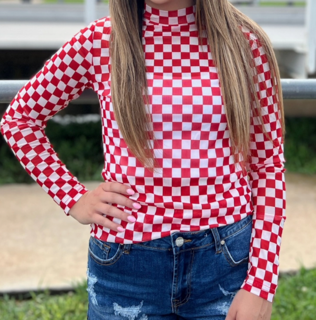 Red & White Checker Mesh Long Sleeve