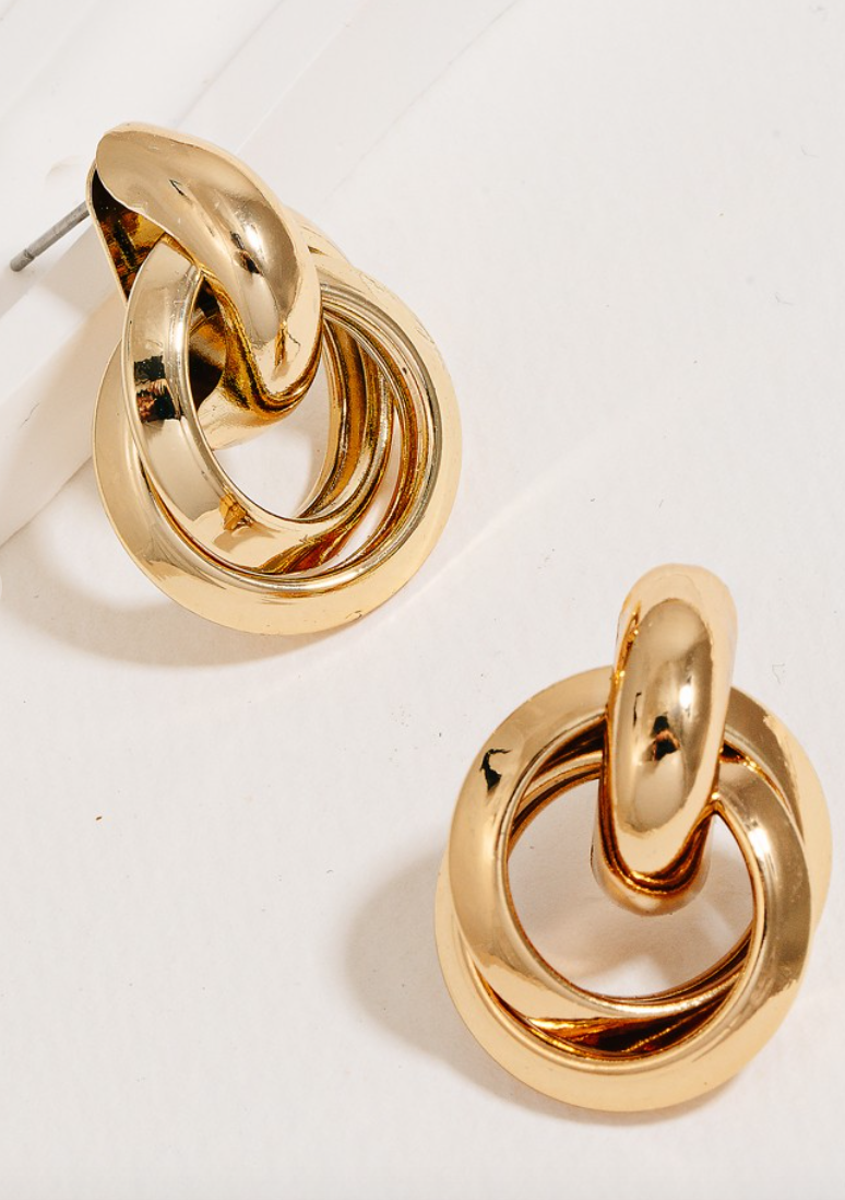 Gold Double Ring Link Earrings