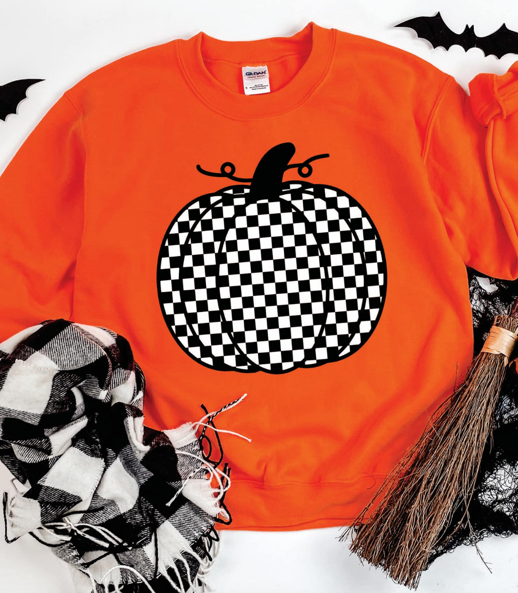 Black & White Checker Pumpkin on Orange Sweatshirt