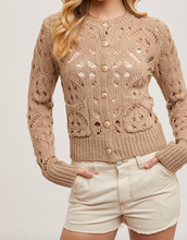 Load image into Gallery viewer, Taupe Button Down Pointelle Knit Cardigan
