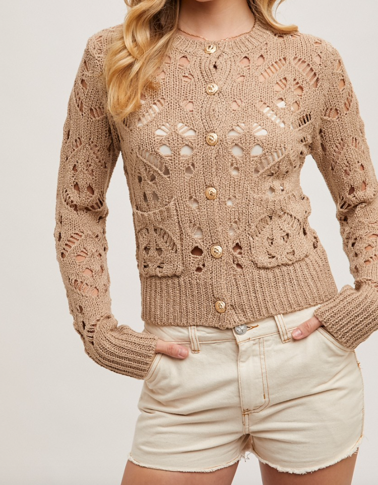 Taupe Button Down Pointelle Knit Cardigan