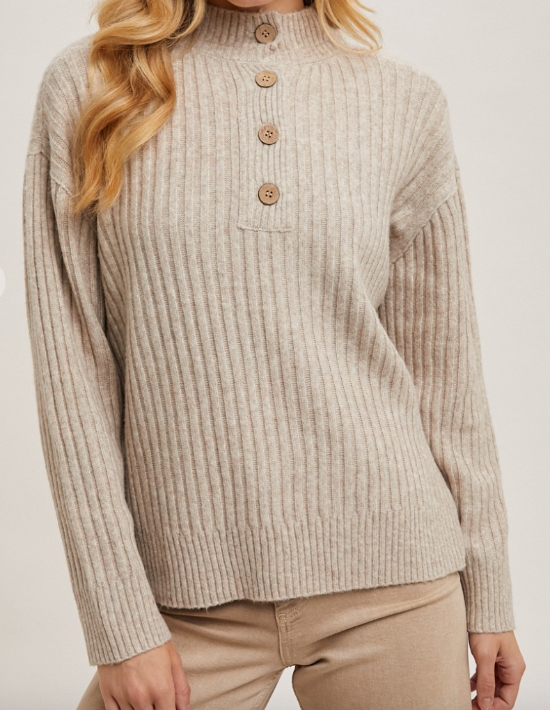 Oatmeal Henley Knit Sweater w/ Buttons