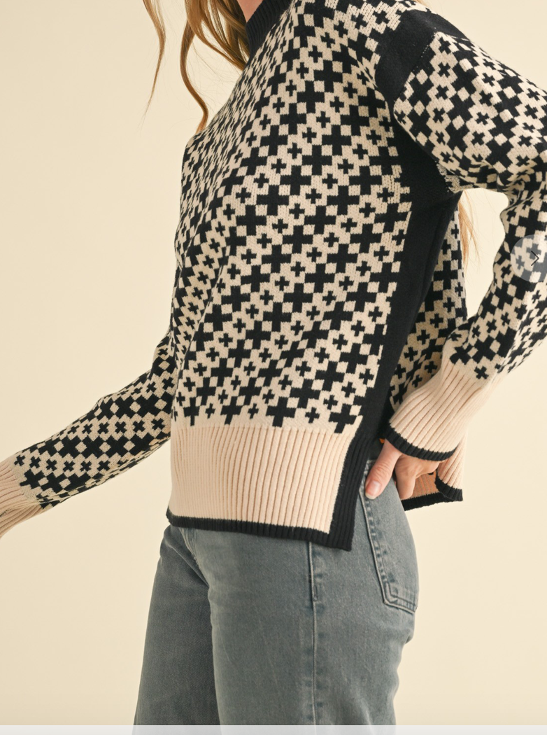 Cream & Black Mock Neck Sweater