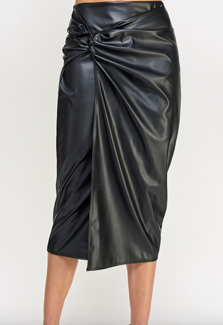 Black Faux Leather Midi Pencil Skirt