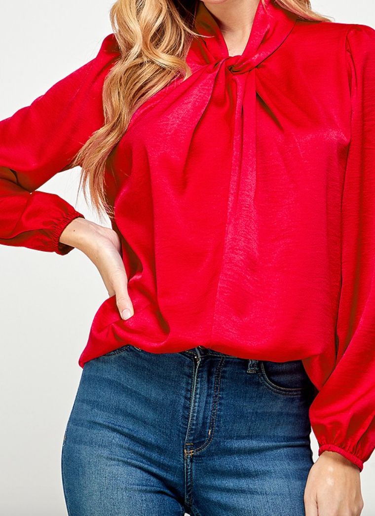 Red Satin Twist Collar Blouse