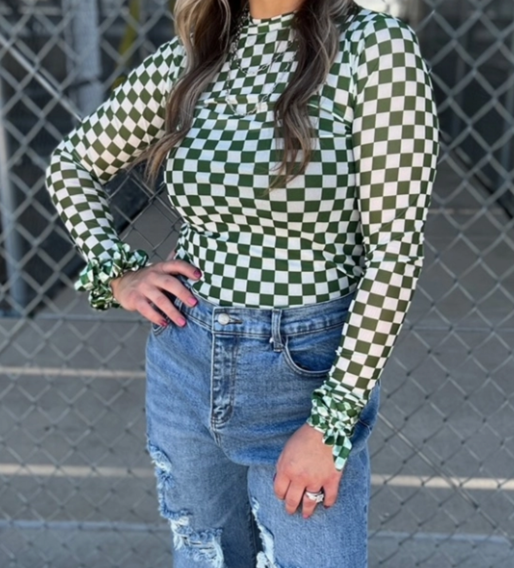 Green & White Checker Long Sleeve Mesh Shirt