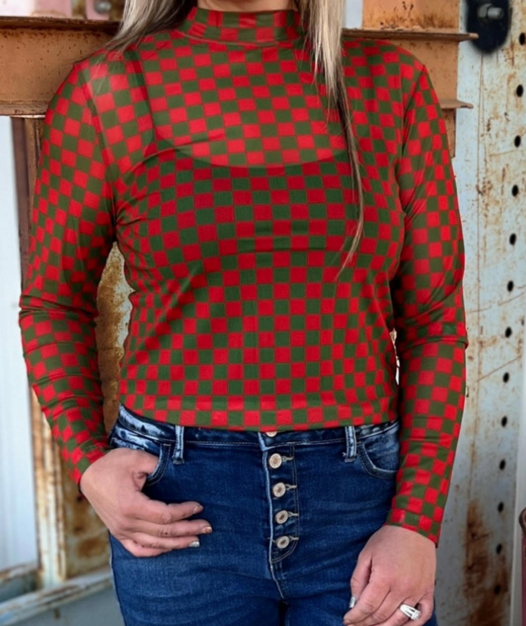 Red and Green Checker Mesh Long Sleeve Shirt