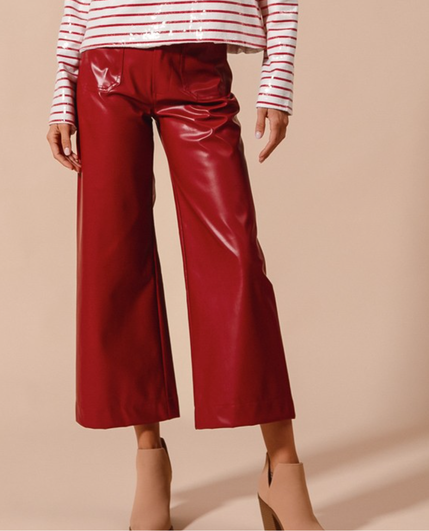 Burgundy Faux Leather Wide Leg Boot Cut Pants