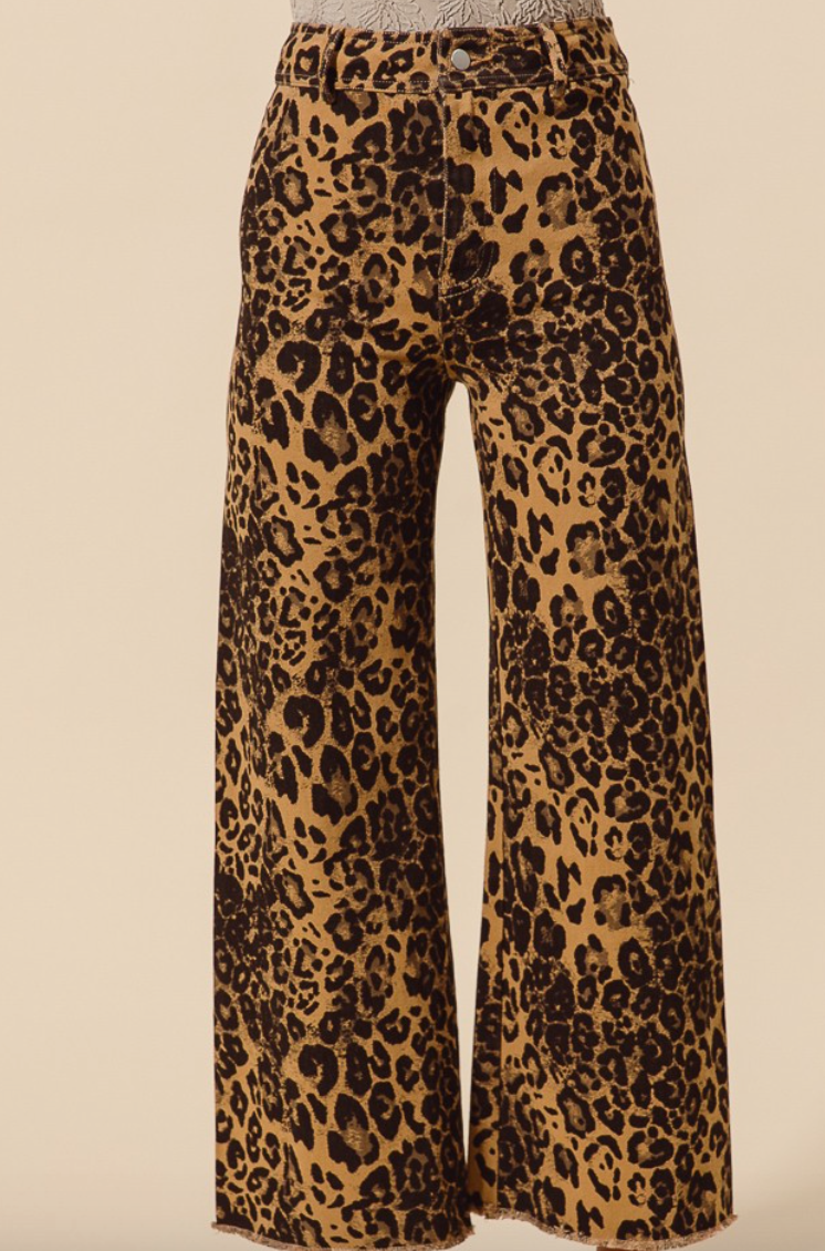 Animal Print Frayed Hem Wide Leg Pants