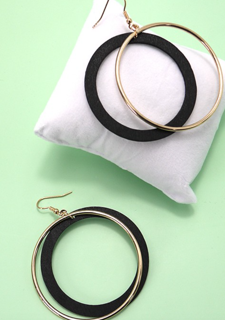 Black Wood Circle & Gold Circle Hoop Earrings