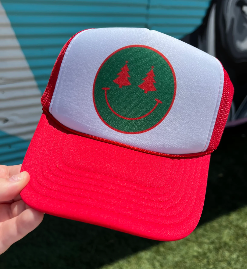 Red & Green Smiley Face Trucker Hat