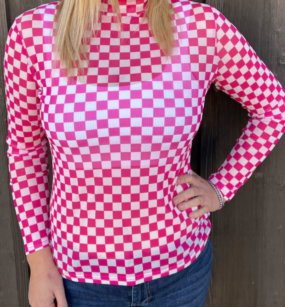 Pink & White Checker Long Sleeve Mesh Top